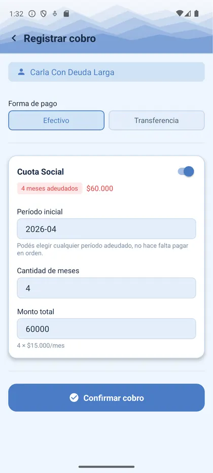 Pantalla de secretaría para registrar un cobro de cuatro meses adeudados