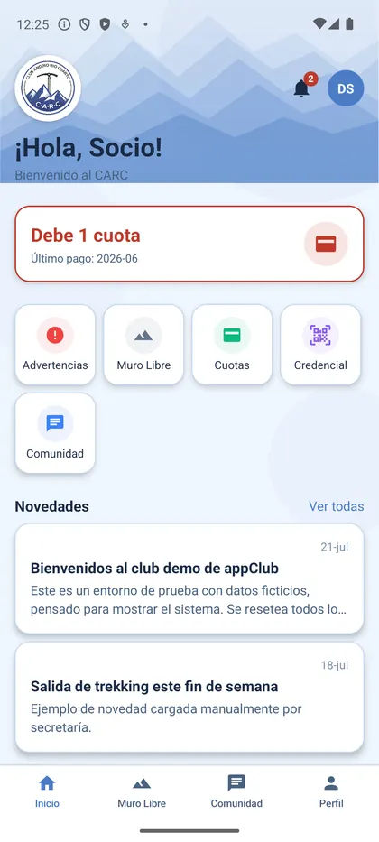 Pantalla de inicio de la app: saludo, estado de cuota, accesos y novedades del club