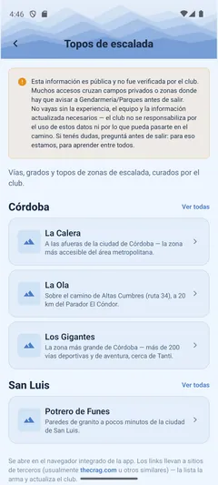 Pantalla de topos de escalada con zonas por provincia, como La Calera y Los Gigantes en Córdoba